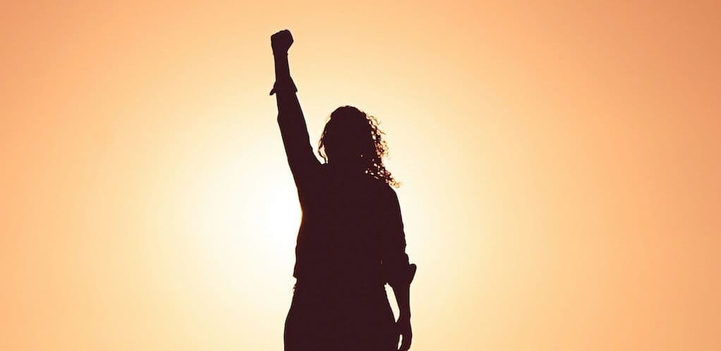 A person standing with a raised fist against a bright sky